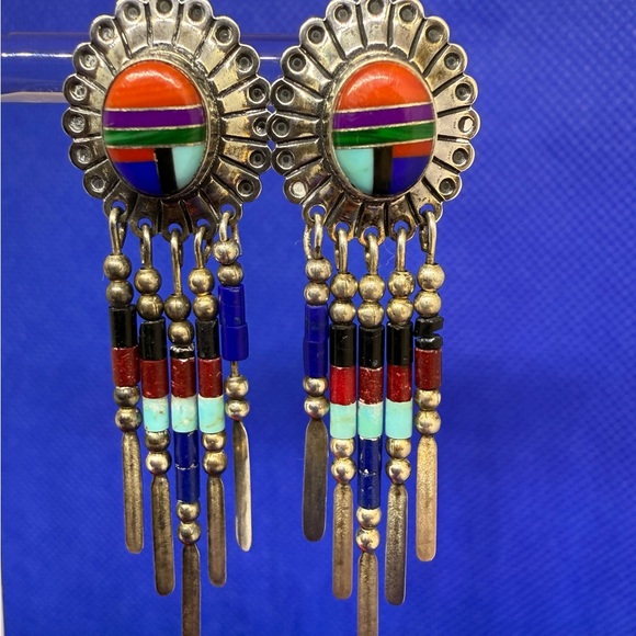 Q.T. Native American Sterling Silver Multi Gemstone Earrings - Picture 2 of 3
